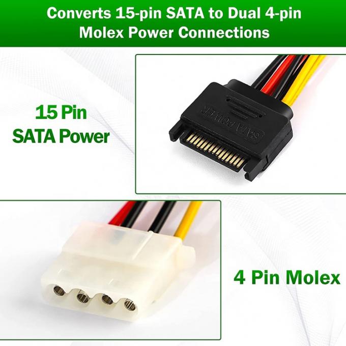 Sata 15 핀 남성으로 듀얼 모렉스 4 핀 Lp4 IDE 여성 하드 드라이브 전원 Y 어댑터 변환 케이블 HDD SSD 1