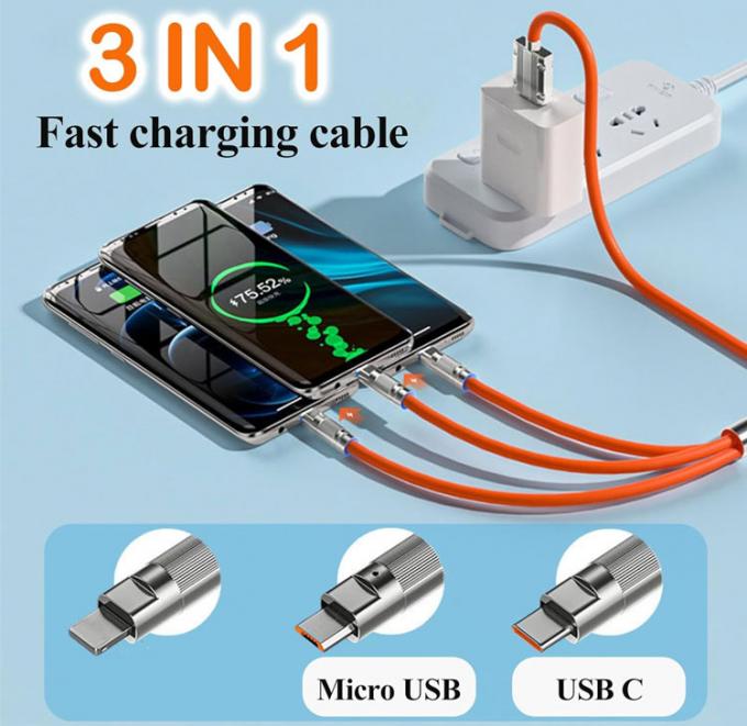 초고속 충전 120W 6A 액체 실리콘 3 in 1 멀티 커넥터 마이크로 C형 USB 데이터 충전 케이블 1