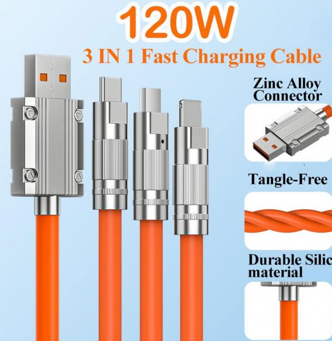 초고속 충전 120W 6A 액체 실리콘 3 in 1 멀티 커넥터 마이크로 C형 USB 데이터 충전 케이블 3