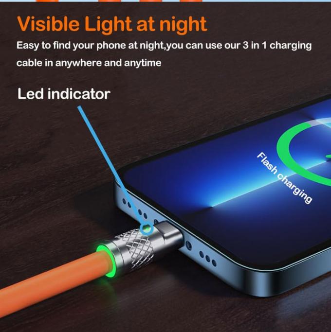 초고속 충전 120W 6A 액체 실리콘 3 in 1 멀티 커넥터 마이크로 C형 USB 데이터 충전 케이블 4