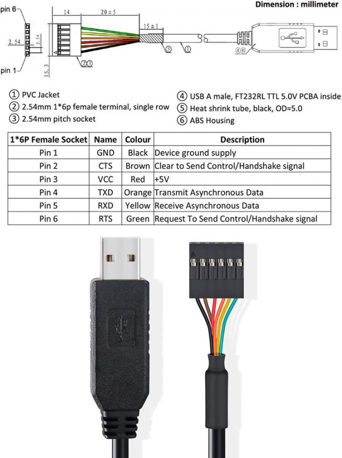 FTDI 칩 FT232 USB to TTL 3.3V 5V Uart RTS CTS TXD RXD Arduino Raspberry Pi용 시리즈 변환 케이블 2