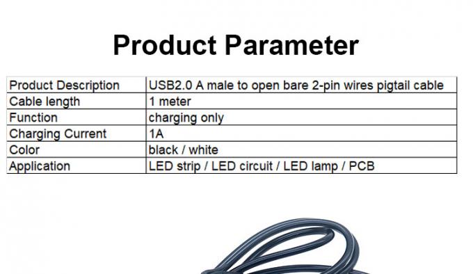고품질의 5V USB 2.0 LED 라이트 스트립 램프에 대한 고체 2 핀 와이어 끝 피그테일 케이블을 열 수 있는 남성 2